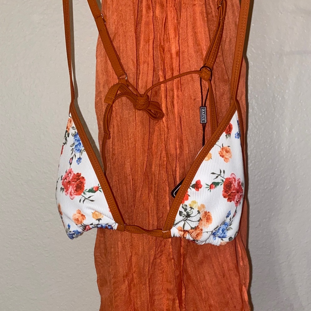Floral Bikini Top with Orange Straps